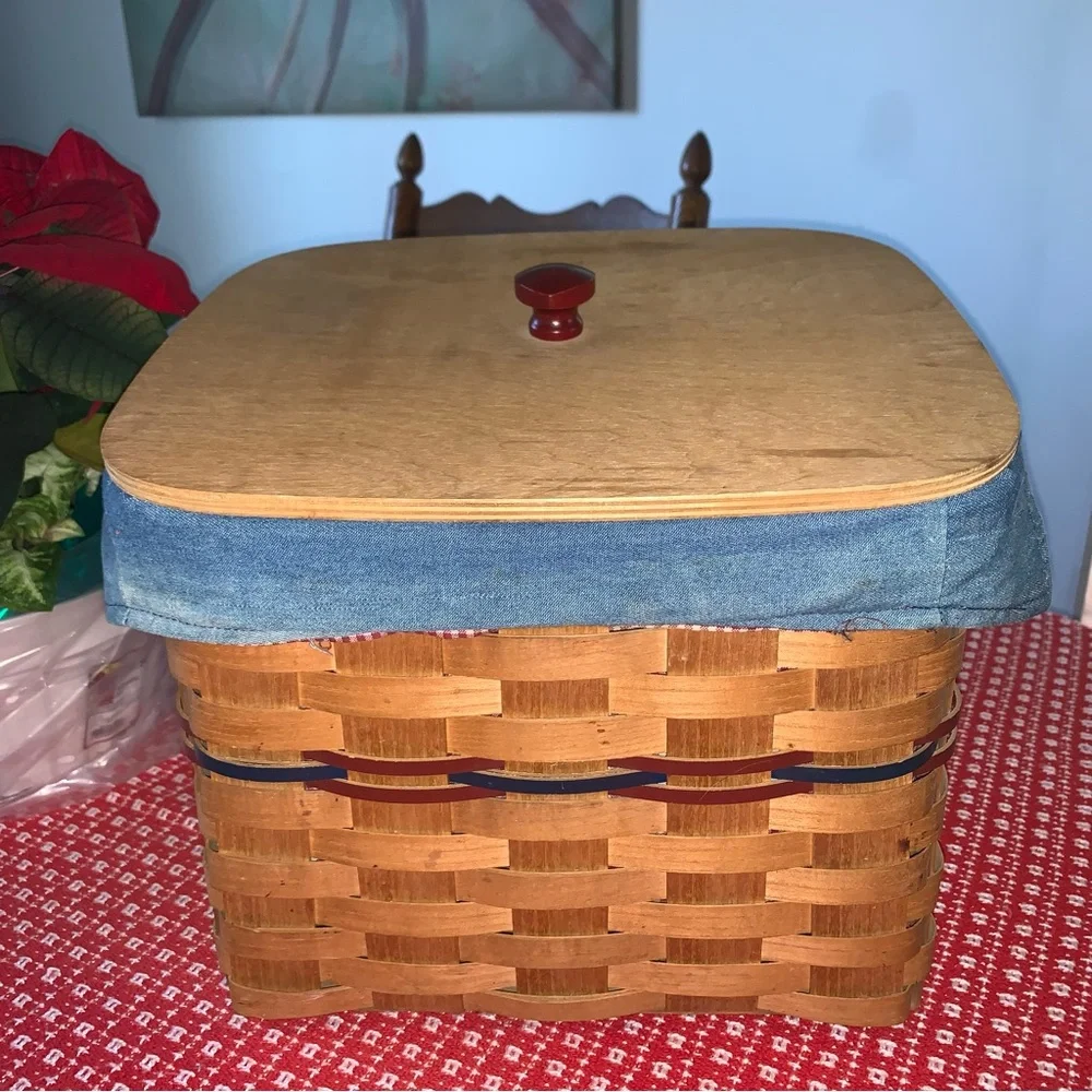 Peterboro Basket Co. NH Heart Knob Wood Covered Basket Gingham Denim Cloth